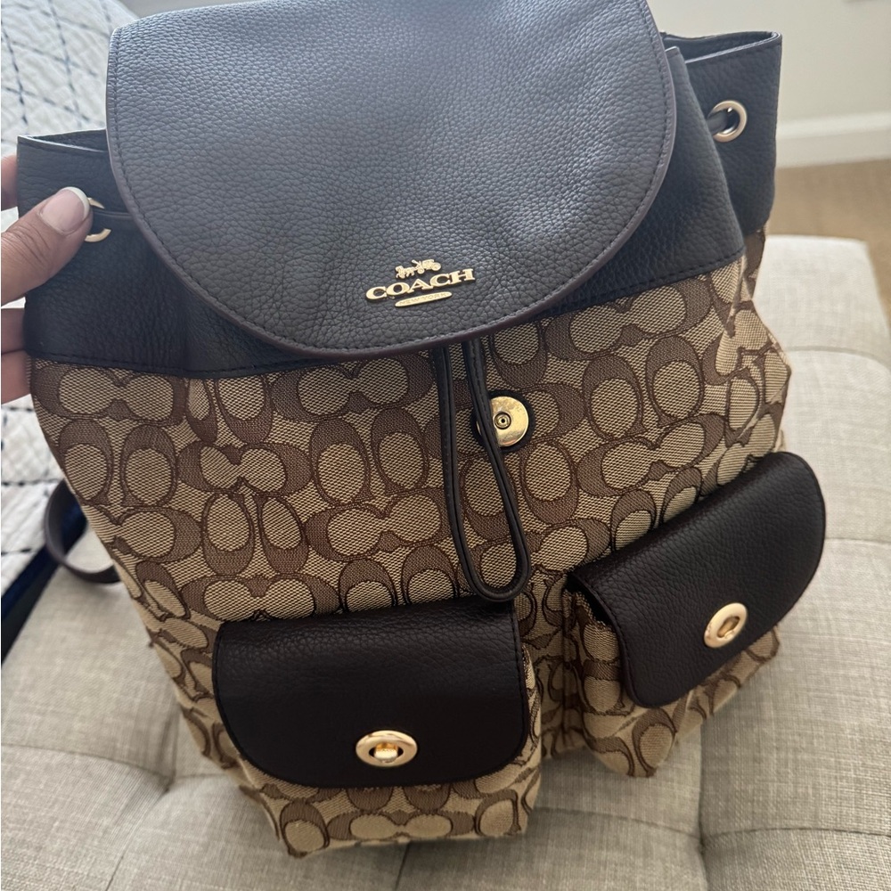 Coach Brown Signature Backpack with Gold Accents